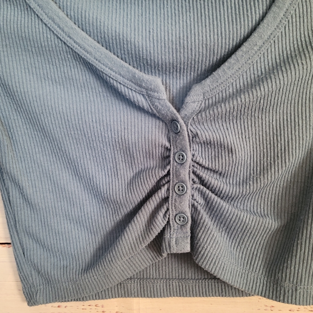 Out From Under Blue Ribbed Cropped button Sweater - Picture 4 of 4